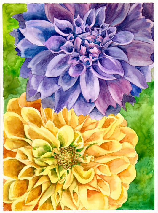 Flower Painting - Yellow and Purple Zinnias (11X15)