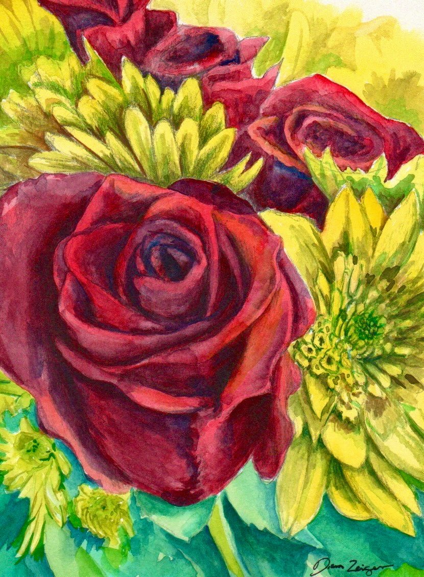 Flower Painting -  Red Roses & Yellow Daisies (6X8)