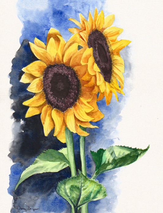 Flower Painting - Sunflowers on Blue (9X12)