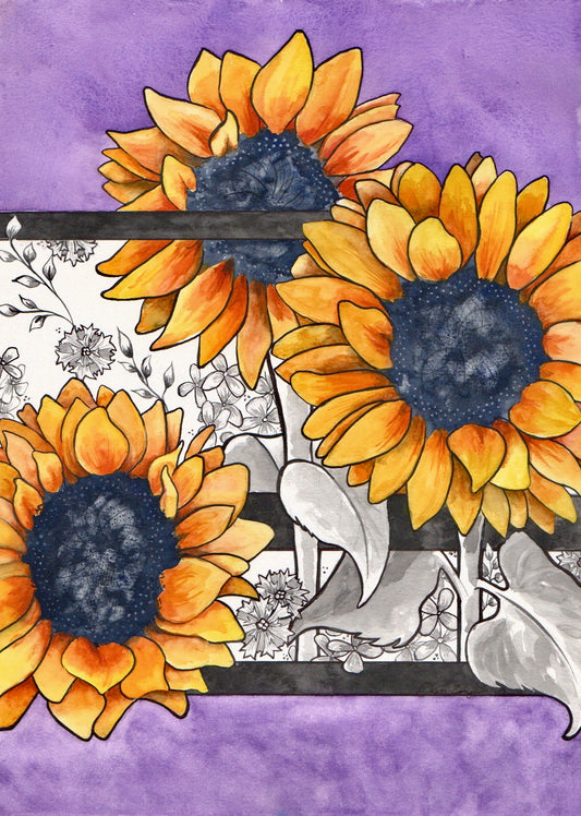 Flower Painting - Sunflowers and Ink (11X15)